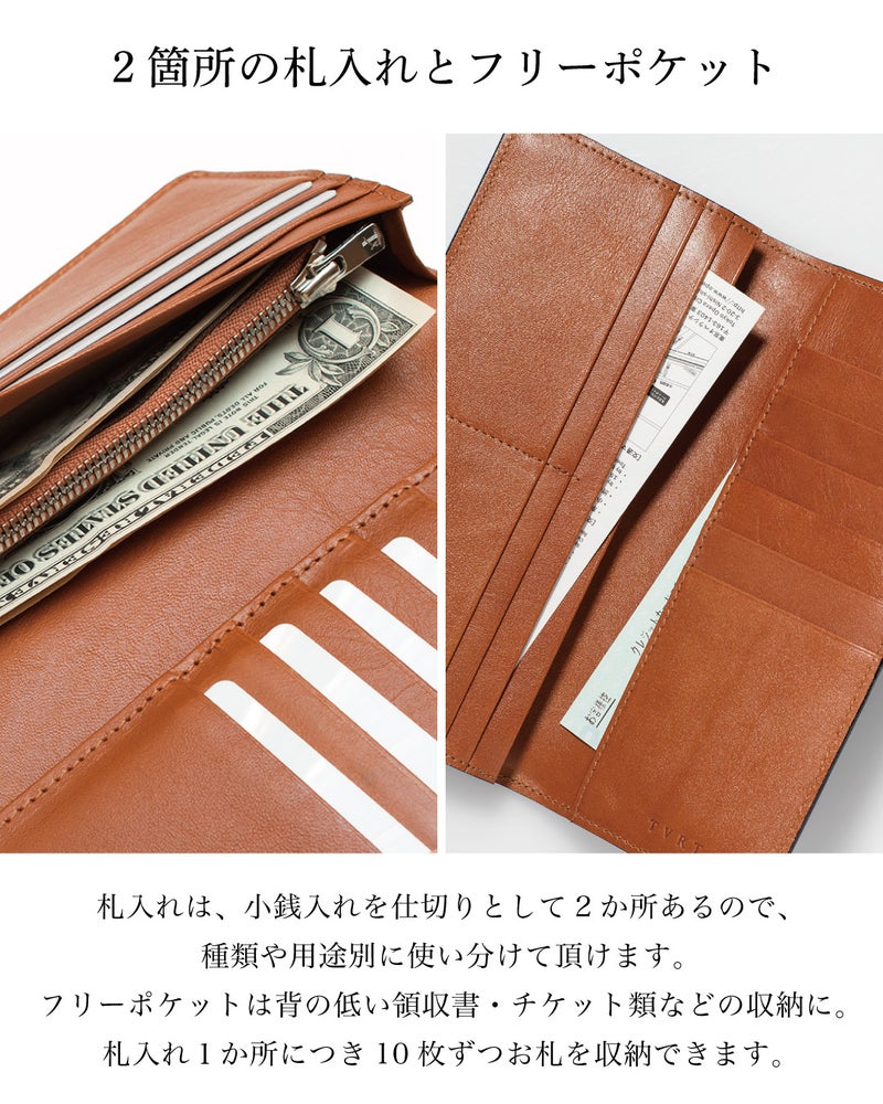 財布の内部構造のアップ。お札を2か所に分けて収納し、フリーポケットに領収書やチケットを入れている様子。1か所の札入れにつき10枚ずつ収納可能。
