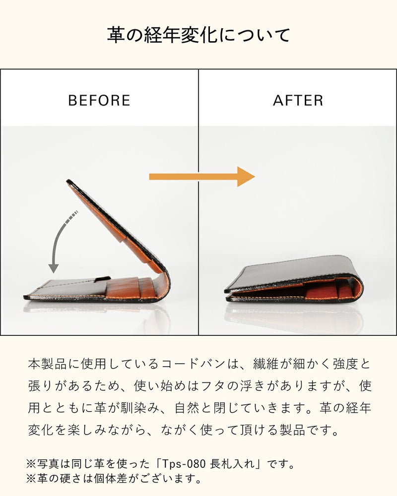「革の経年変化について」の比較画像。使い始めはフタが浮いている状態（BEFORE）から、使用とともに革が馴染んで自然と閉じていく状態（AFTER）への変化を説明している。