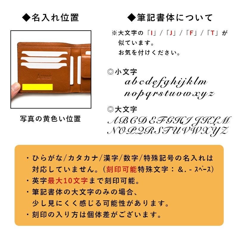 コードバン二つ折り財布の名入れ位置と筆記書体の字体見本。英字最大10文字まで対応、内装カードポケット下部への刻印位置を図解。