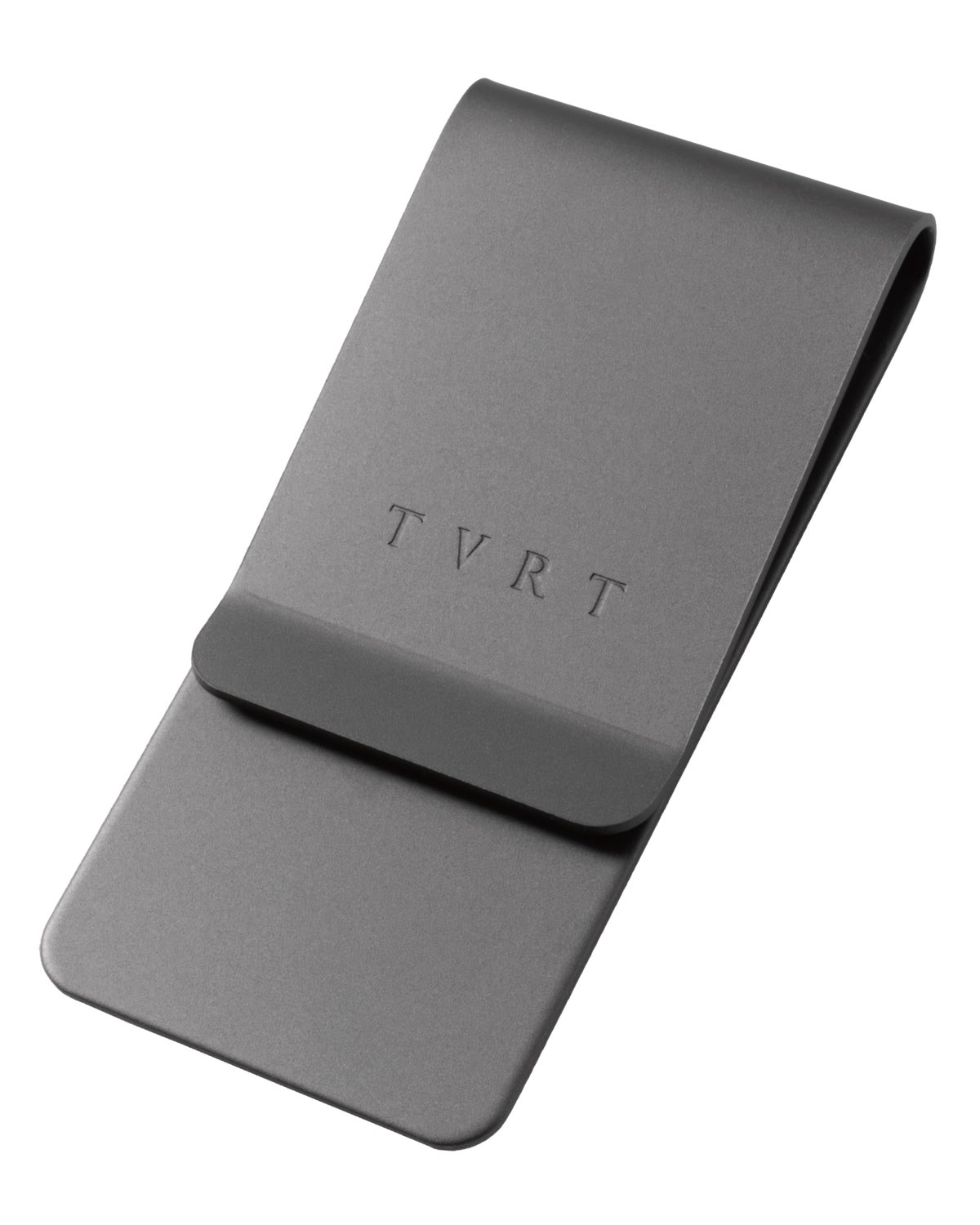 ブラックホーニングの真鍮製マネークリップをTVRTの刻印とともに斜め上から撮影した単体の商品写真。