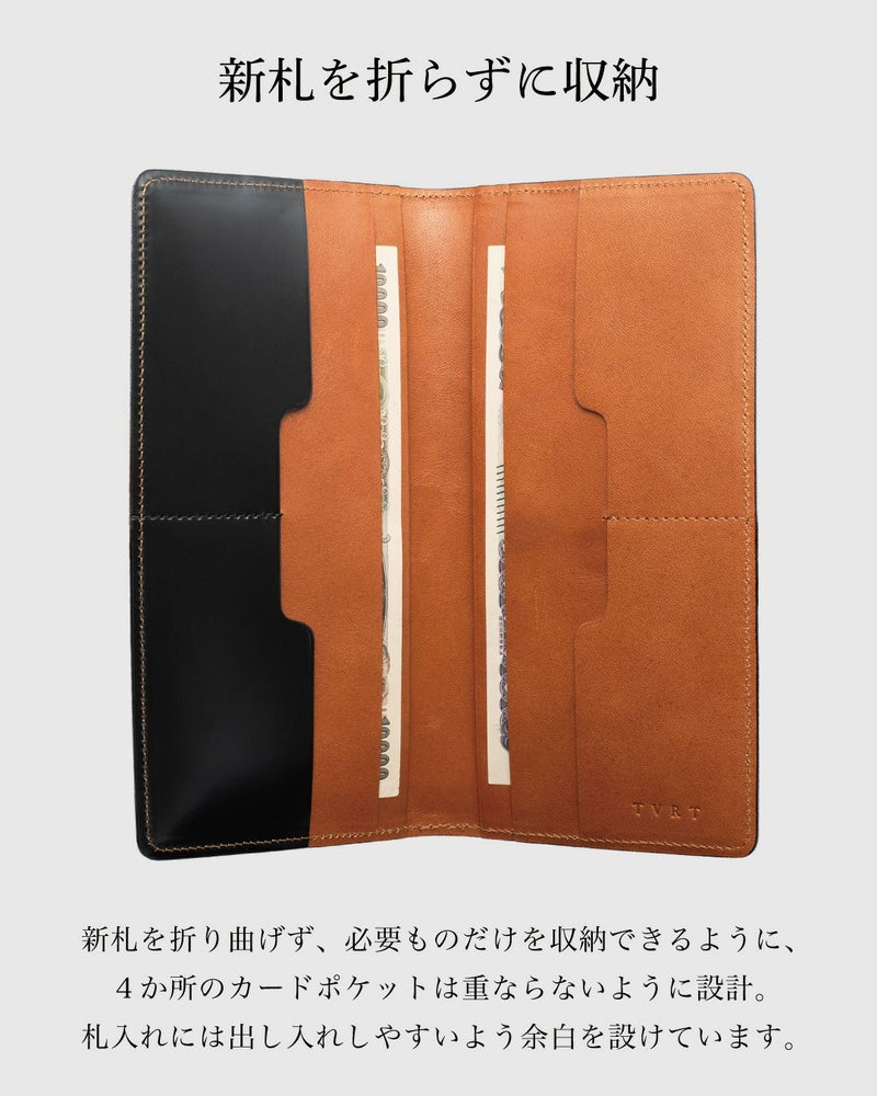 新札を折らずに収納できるスリムな長財布の札入れレイアウト