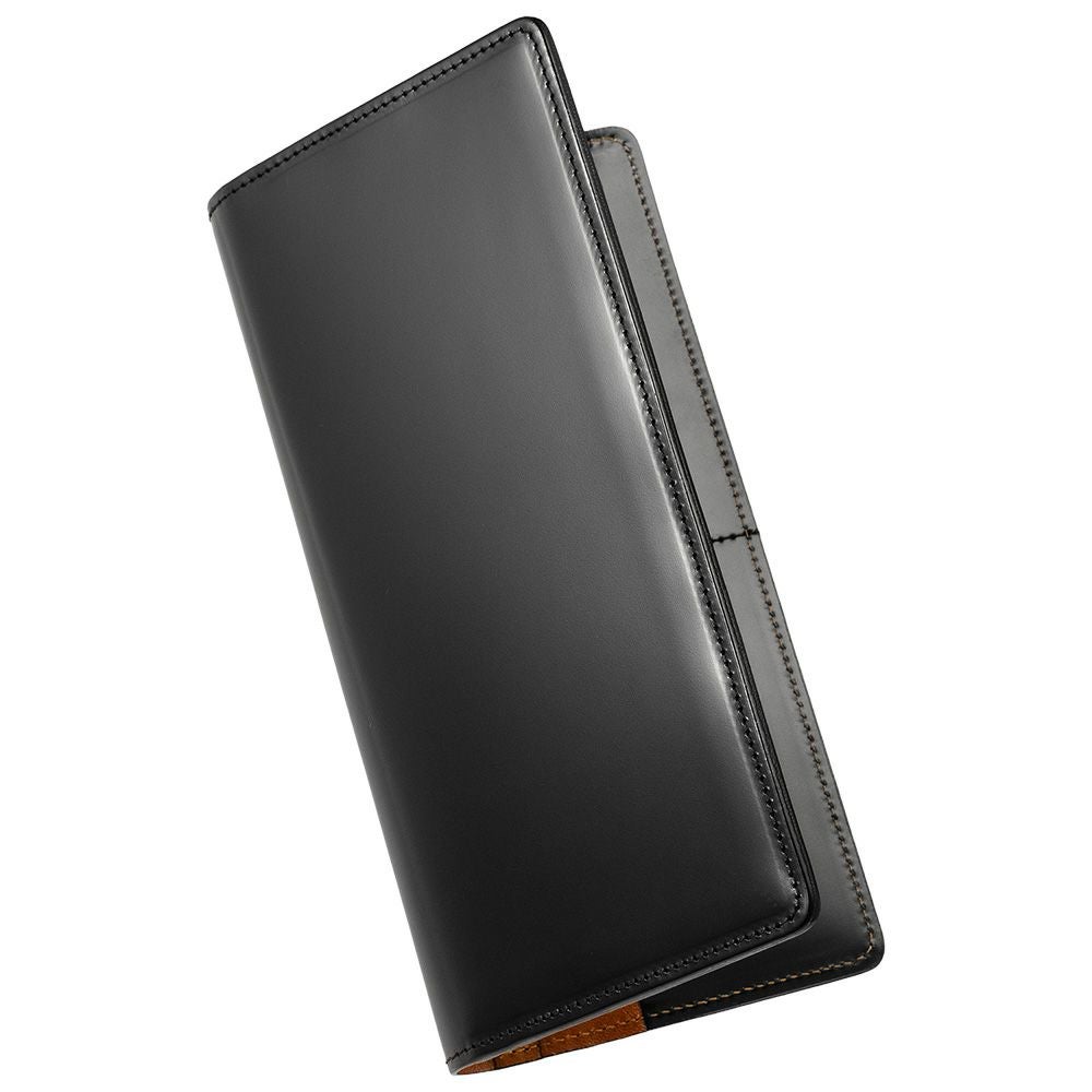 日本製コードバン長財布の全体イメージ（ブラック）。美しい光沢とスリムな形状。