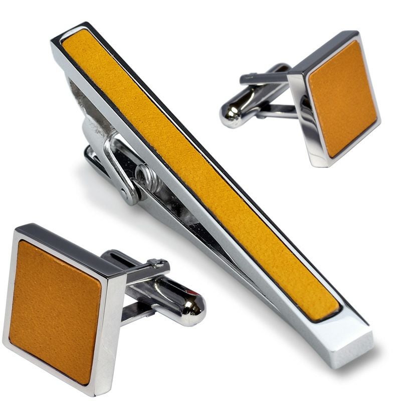 14K 金製 そろばんモチーフ カフス＆ネクタイピン 3点セット　商売繁盛祈願 水引ラッピング】 ネクタイピン・カフスセット 本革はめ込み 真鍮製