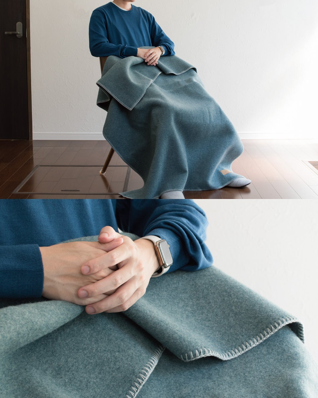 ブルーグレーのMr. ブランケット ウールを二つ折りにしてひざに掛けた着用写真と、重ねた手元にのぞくやわらかな起毛感のアップ。