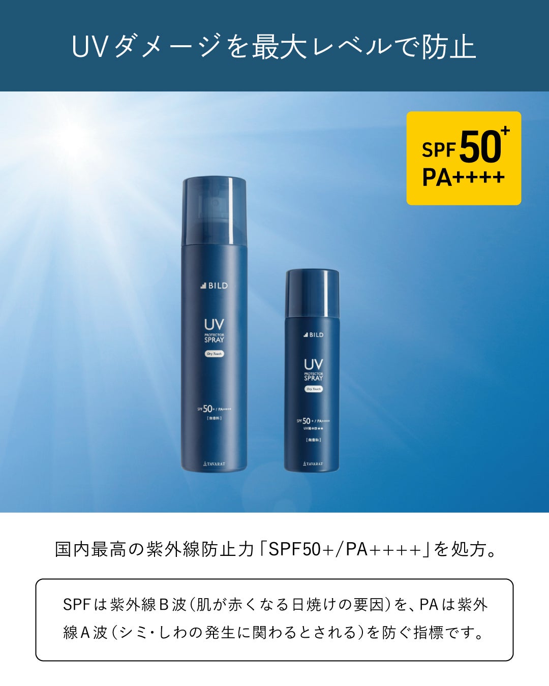 BILD UVプロテクタースプレー大小2サイズ並び｜SPF50+ PA++++で国内最高レベルのUVダメージ防止効果