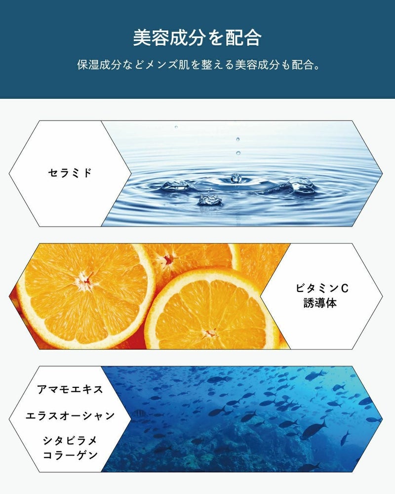 BILD UVスプレーに配合された美容成分の説明図｜セラミド・ビタミンC誘導体・アマモエキスなどメンズ肌を整える成分