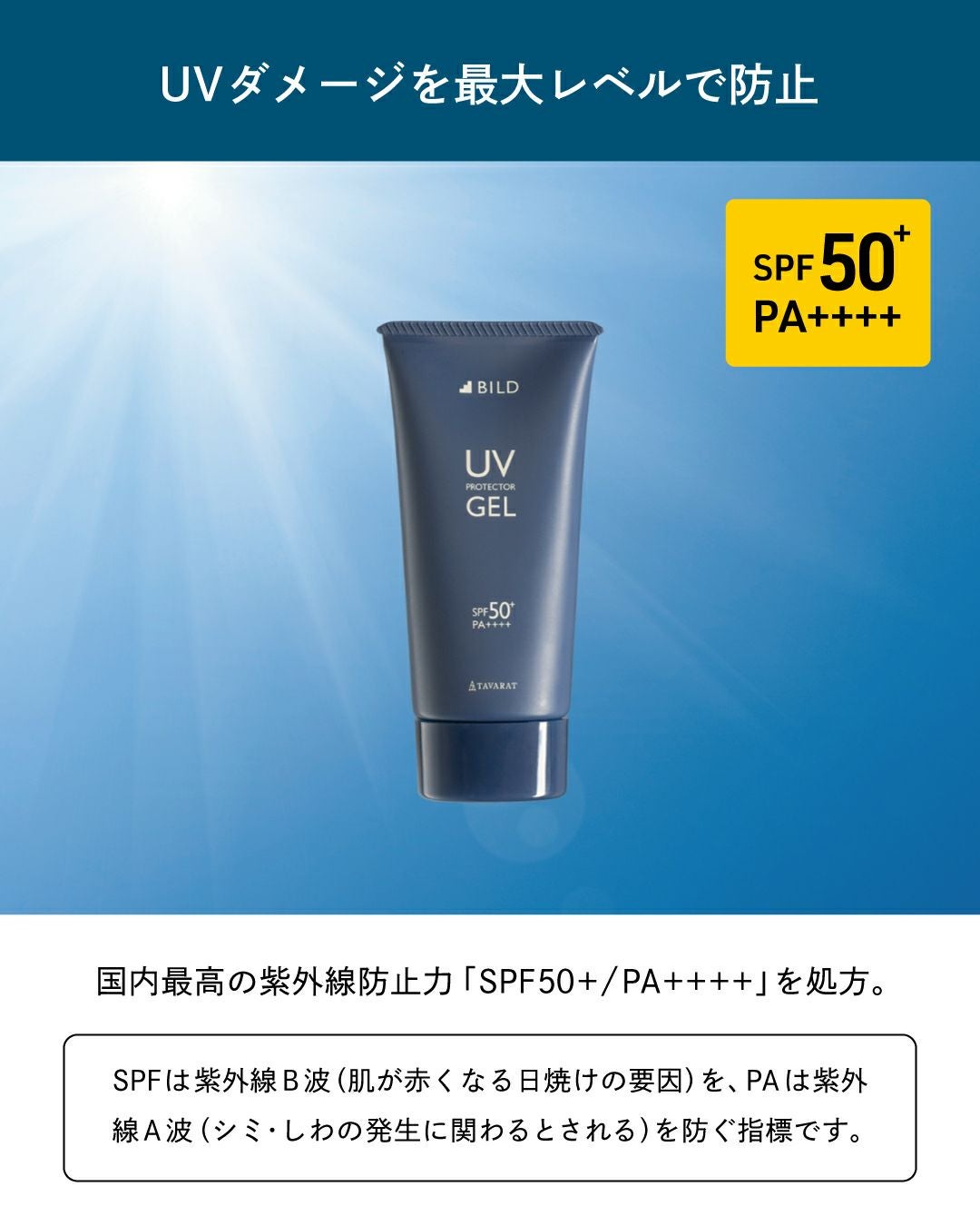 青空を背景にしたUVジェルのパッケージ。SPF50+・PA++++の高い紫外線防止効果を強調し、UVダメージから肌を守ることを伝える。