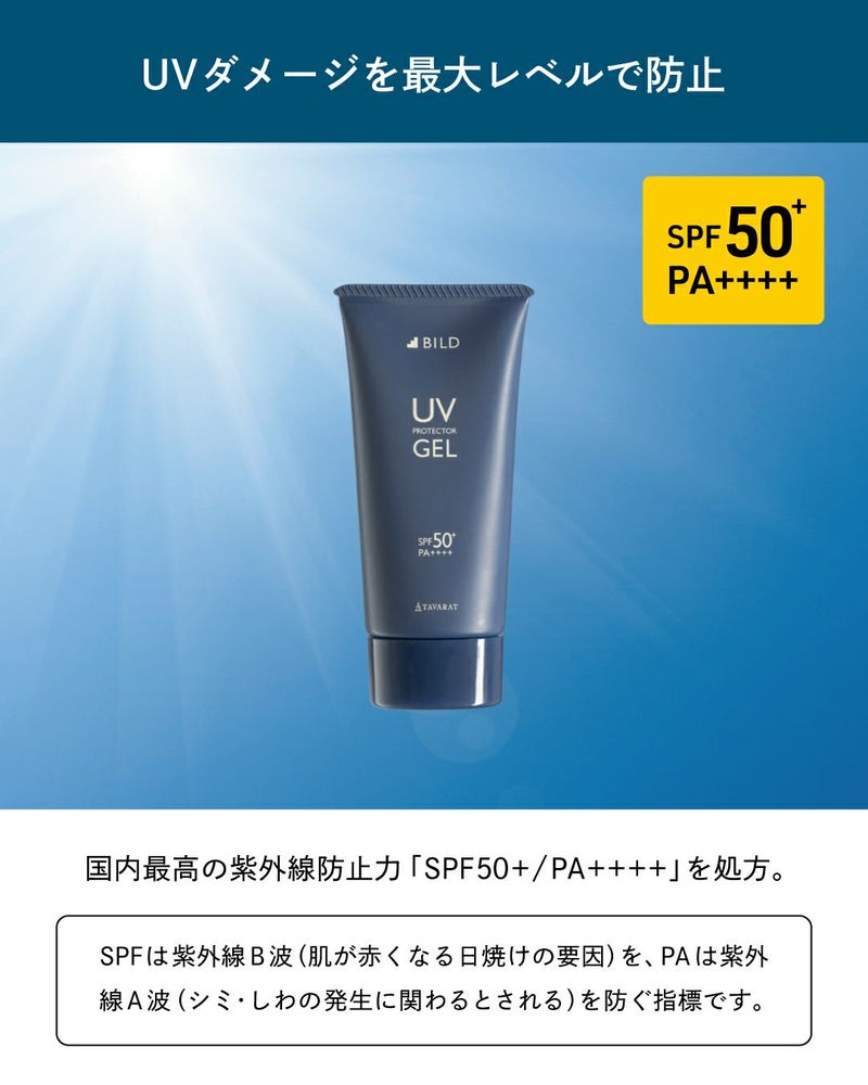 青空を背景にしたUVジェルのパッケージ。SPF50+・PA++++の高い紫外線防止効果を強調し、UVダメージから肌を守ることを伝える。