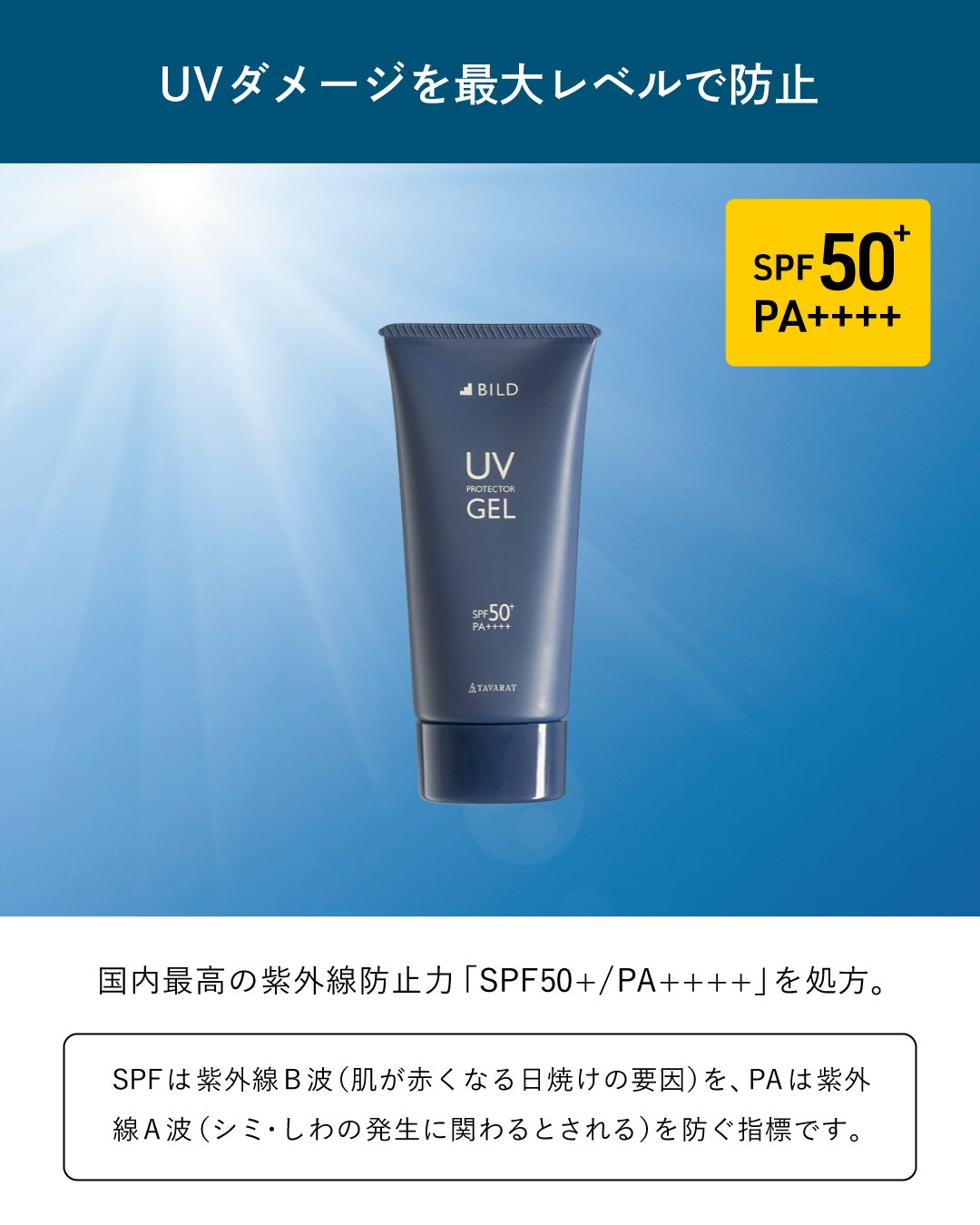 青空を背景にしたUVジェルのパッケージ。SPF50+・PA++++の高い紫外線防止効果を強調し、UVダメージから肌を守ることを伝える。