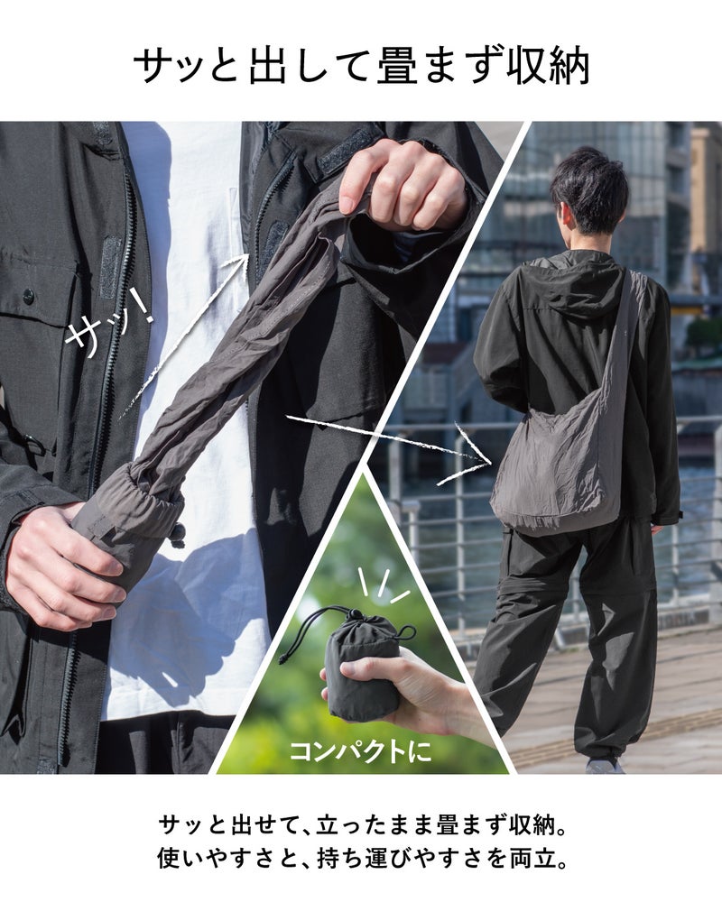 NOMAD SLING(Tav-051)グレーを斜め掛けした後ろ姿と、畳まず収納・大容量・馴染みやすい生地という3つの特徴を紹介。