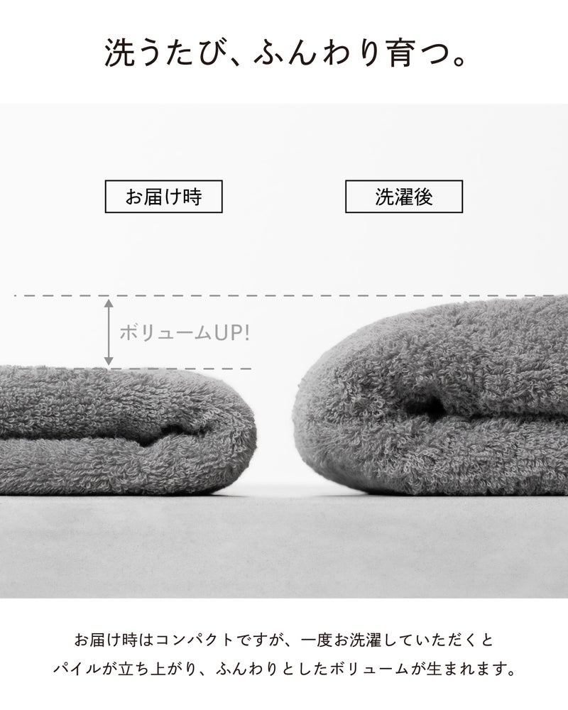 マフラータオルのお届け時と洗濯後のパイルボリューム比較写真。洗うたびにパイルが立ち上がりふんわりとした肌触りに育つ今治タオル。