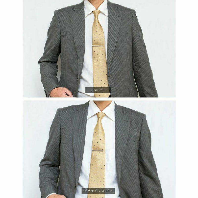 ベージュのネクタイに着用されたシルバーとブラックシルバーのローレットネクタイピンの比較。