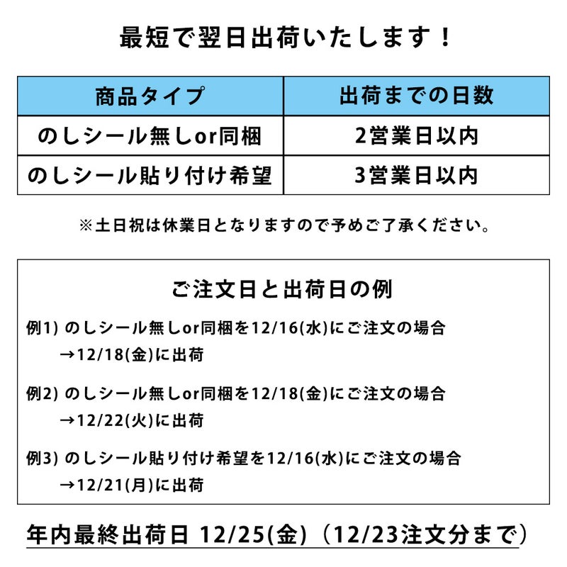 最短翌日出荷や年内最終出荷日など発送スケジュールをまとめた、今治産干支タオルハンカチ未(ひつじ)の注文案内表。