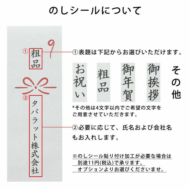 熨斗シールの注文方法について記載されている。表題と氏名を自由に入れられます。