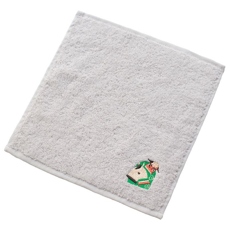 お年賀や粗品におすすめの干支（午 うま）タオル。獅子舞のデザインが施されたあずき色の今治ハンカチ。