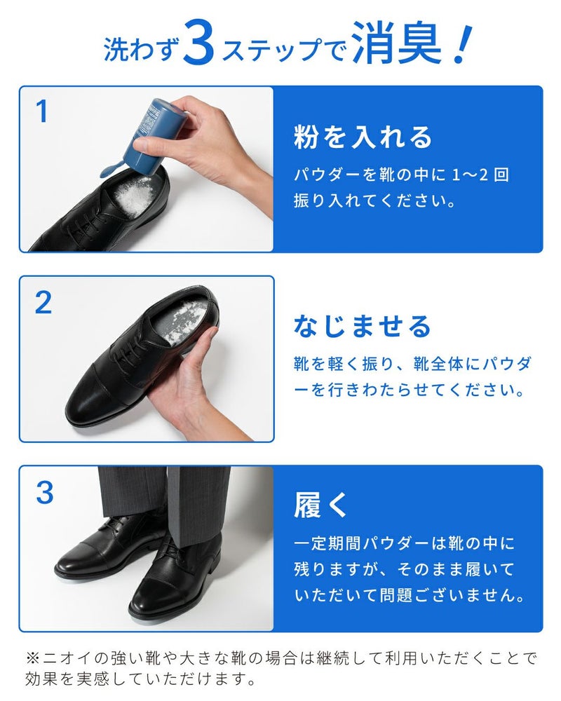 靴消臭パウダーの「洗わず3ステップ」での使い方。1.粉を靴に振り入れる。2.靴を振ってなじませる。3.そのまま履く。の使用手順を説明した写真。