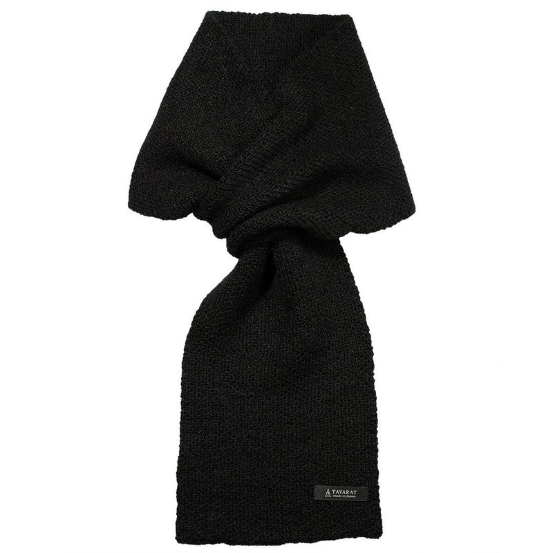 アルパカ100% 3秒マフラーの製品情報とサイズ図。素材：アルパカ100%（手洗い可）、サイズ：約88cm × 17cm、重さ：約127g、原産国：日本。