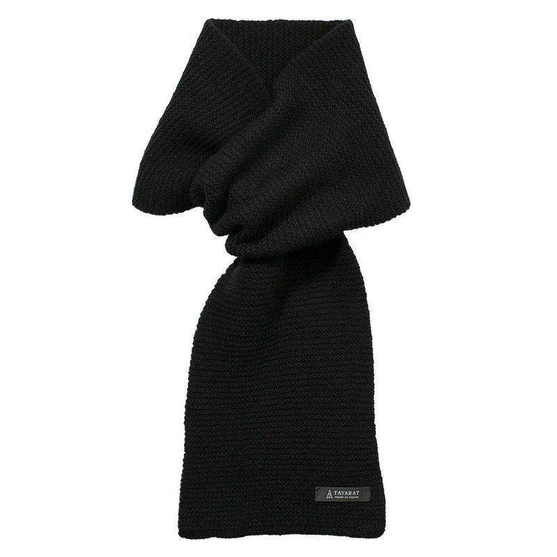 ブラック色のラムウール混紡タック編み 3秒マフラーの単体写真。