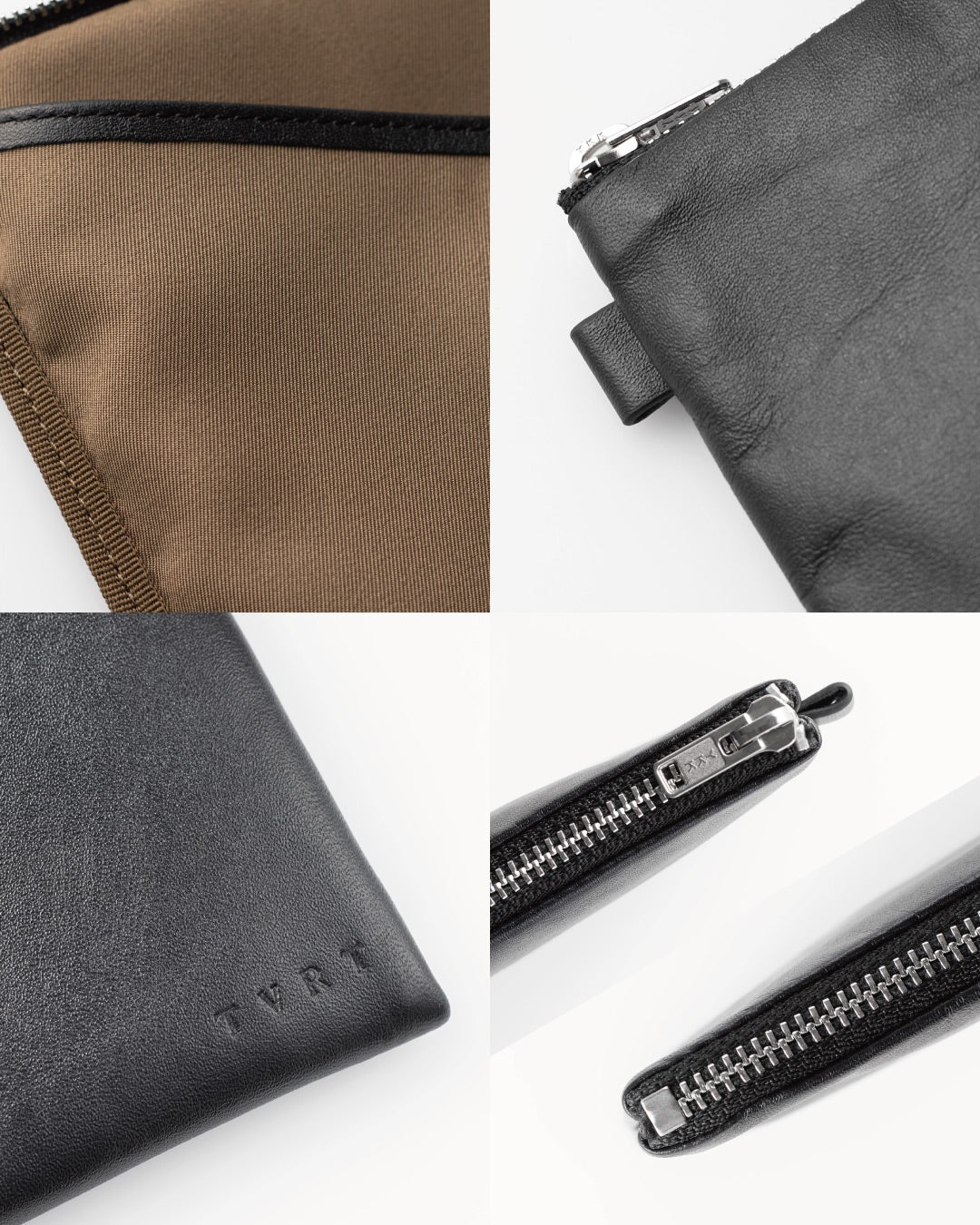 FOLMAレザーポーチの素材・ディテール4点クローズアップ。ブラウン裏地の縫製、レザータブ、TAVARATロゴの素押し刻印、なめらかなYKKメタルファスナーの仕上げを確認できる。