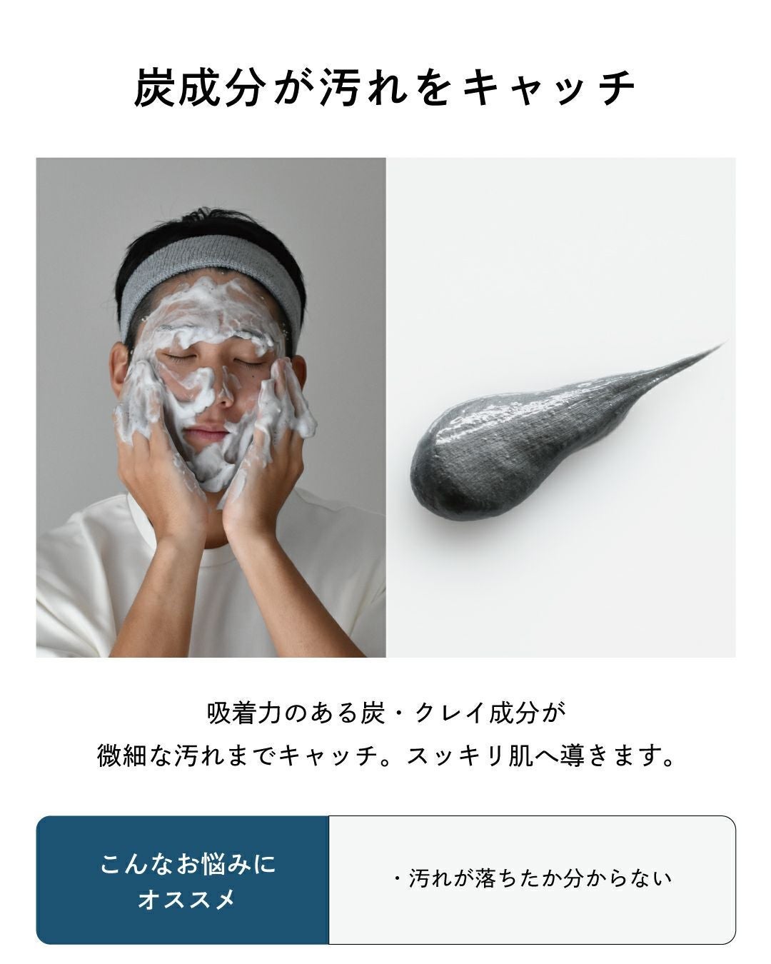 BILD洗顔フォームで顔を洗う男性と炭クレイ成分のアップ・吸着力の高い炭・クレイが微細な皮脂汚れをキャッチしてスッキリ肌へ
