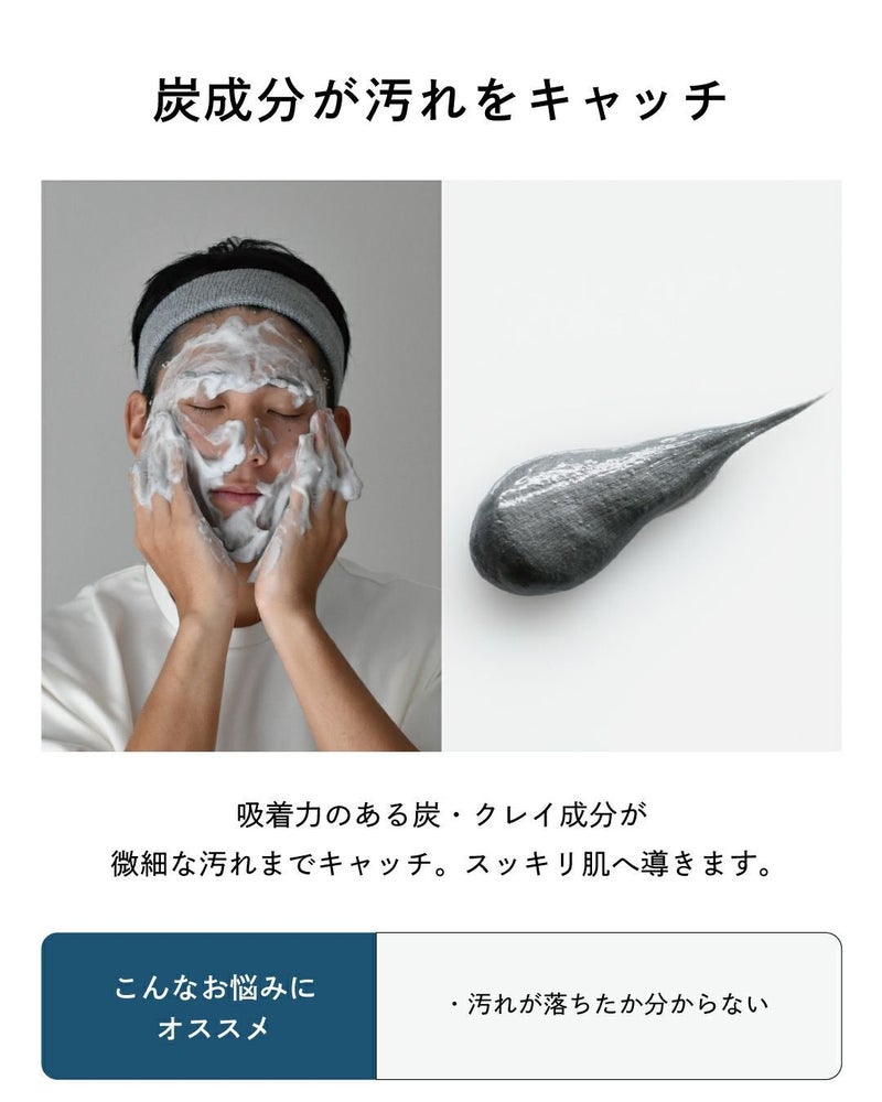 BILD洗顔フォームで顔を洗う男性と炭クレイ成分のアップ・吸着力の高い炭・クレイが微細な皮脂汚れをキャッチしてスッキリ肌へ