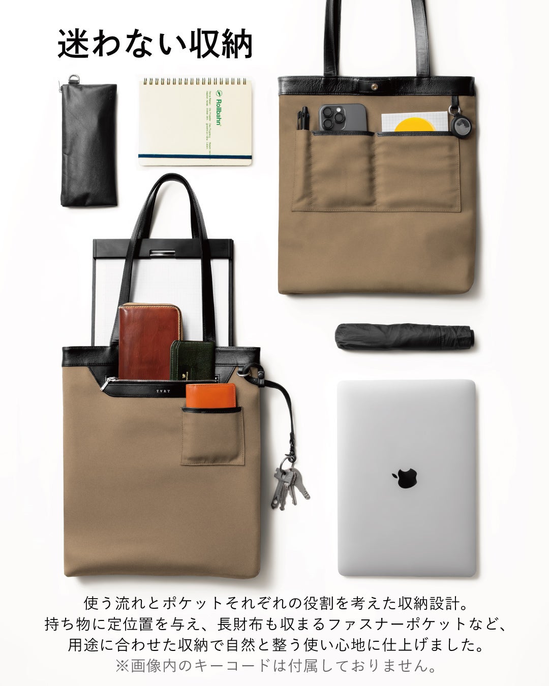 財布やノート、ノートパソコンなどの持ち物とFOLMAビジネストートを並べたレイアウトで、用途別に整理できる収納ポケットの工夫を紹介。