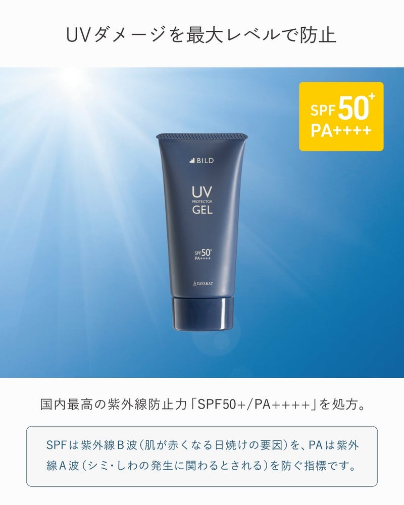 青空を背景にしたUVジェルのパッケージ。SPF50+・PA++++の高い紫外線防止効果を強調し、UVダメージから肌を守ることを伝える。