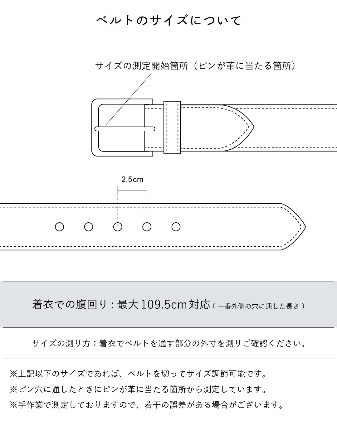 タバラット ベルト 日本製 本革のサイズについて、穴位置や調整幅、対応する腹回りサイズを示した説明図