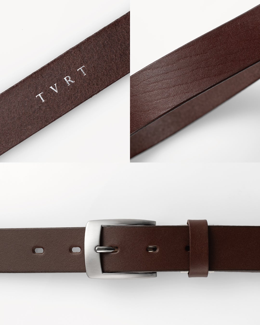 TVRTの刻印、革の切り口の質感、ニッケルメッキバックルの金具部分をそれぞれアップで捉えた、素材とディテールにこだわった3カット。