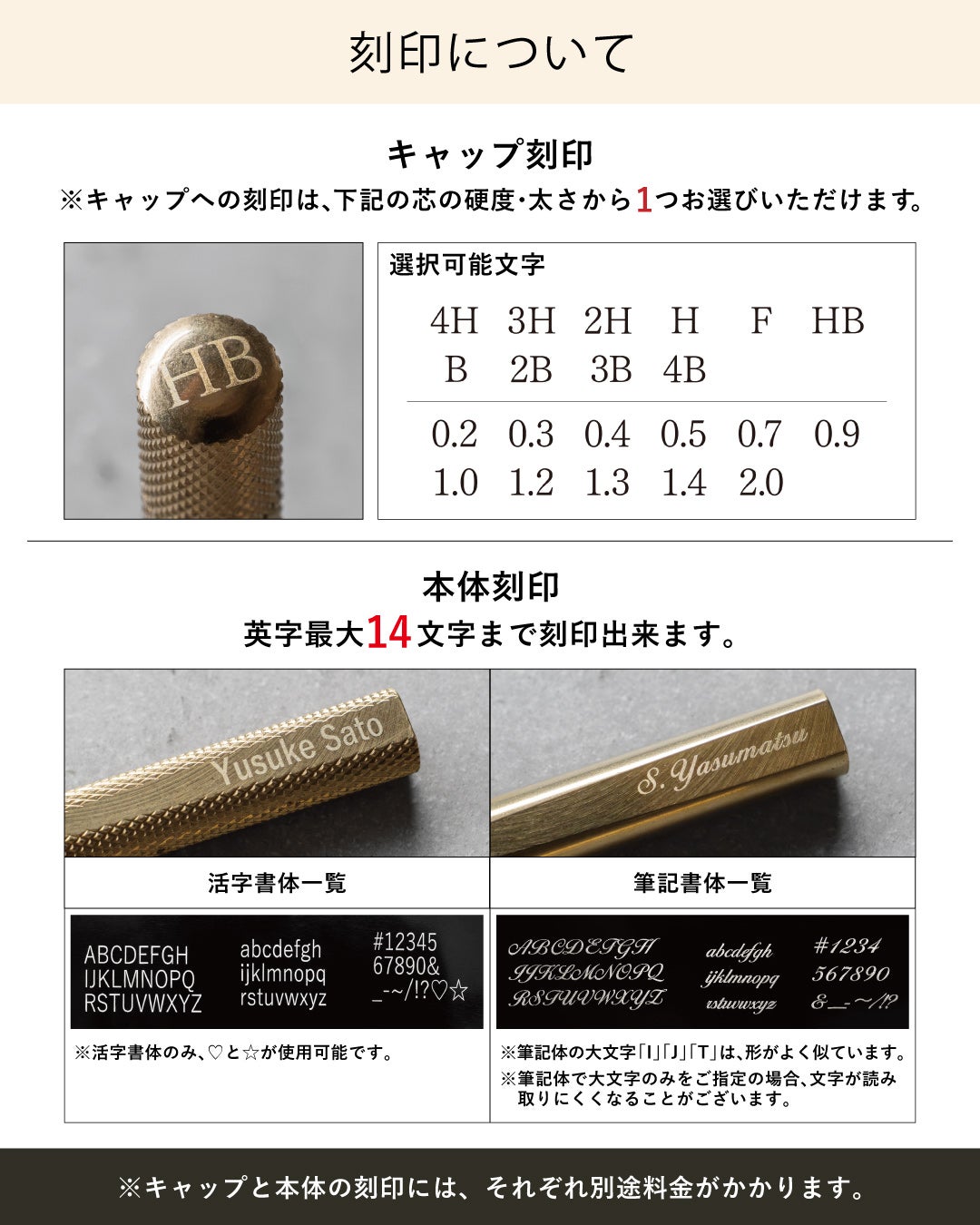 キャップには芯の硬度や太さを、本体には英字最大14文字を刻印できるCRESIA シャー芯ケースの刻印内容と書体一覧