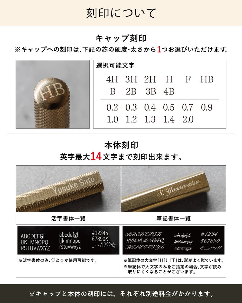 キャップには芯の硬度や太さを、本体には英字最大14文字を刻印できるCRESIA シャー芯ケースの刻印内容と書体一覧